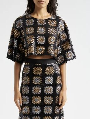 Smythe Sequin Crop Top S Gold Floral Black Designer Evening Party Top